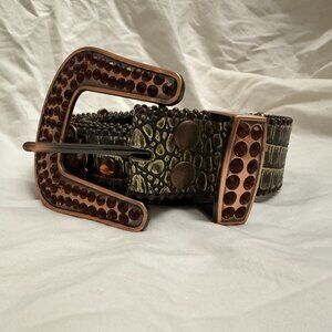 Gold leather belt with copper metal and amber rhinestone accents